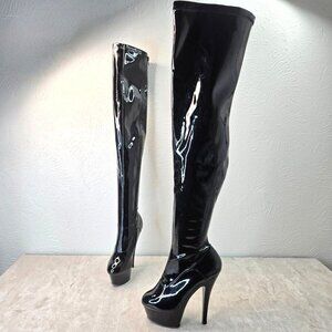 Pleaser KISS Thigh High Boots Patent Stiletto High Heel Platform Black Patent 7